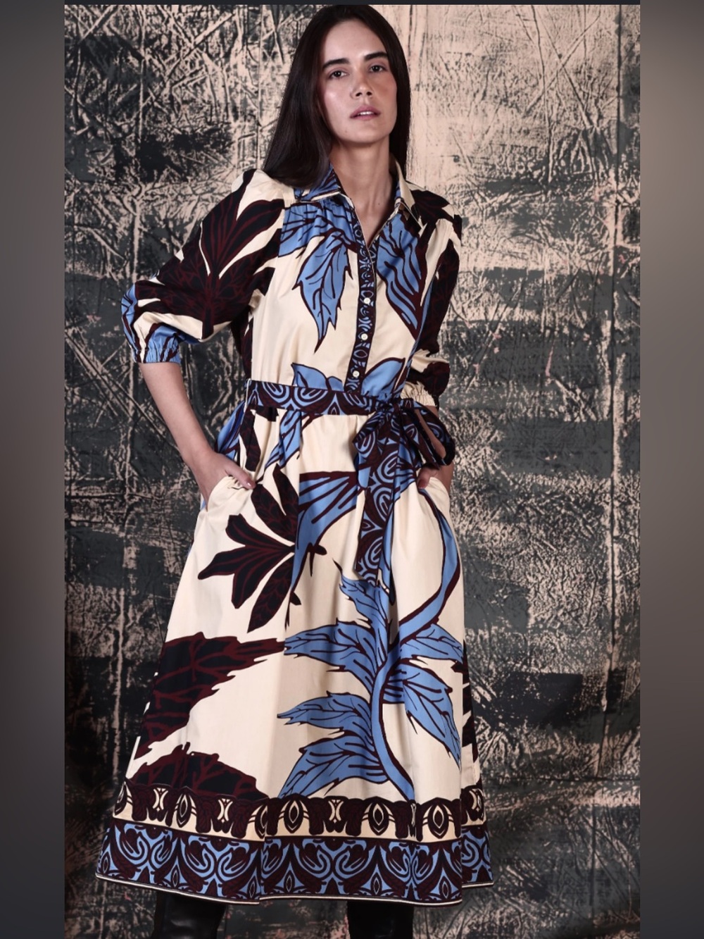 Yellow & Blue Printed Shirt Dress with Tie Waist